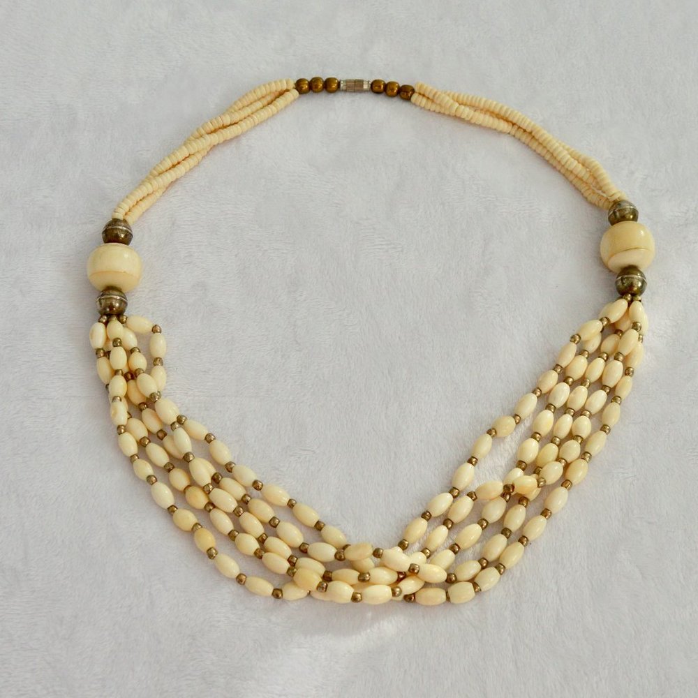 Statement Multi-Layer Biege Cream Beaded Necklace